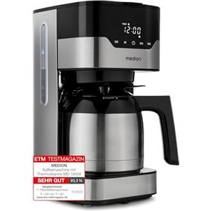 MEDION Macchina da caffè con caraffa termica e timer (8 tazze, 1,2 L, 900 W, 3 livelli, funzione mantenimento caldo, antigoccia, display, MD18458) acciaio inox