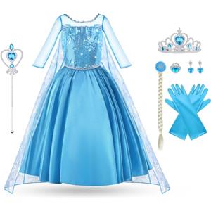 Vicloon Elsa Costume, Set da Principessa Elsa Corona Bacchetta Guanti Treccia, Ragazze Elsas Principessa delle Neve Abiti Partito Vestito Costume