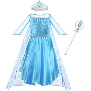 Vicloon Elsa Costume Ragazze Principessa, Elsa Vestito Set con Principessa Corona e Principessa Bacchetta, Cosplay Party Halloween Abito delle Ragazze di Natale Vestito Fantasia, 140CM