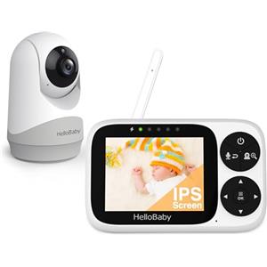 HelloBaby Baby Monitor Video e Audio telecamera bambini con monitor, Schermo IPS da 3,2", Senza WiFi, Visione Notturna, Pan-Tilt-Zoom, Allarme Ninna Nanna e Portata di 1000 Piedi