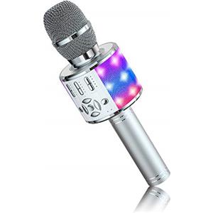 BONAOK Microfono Karaoke Cambia Voce, Microfoni Karaoke, Altoparlante Microfono Karaoke LED per Adulti, Dispositivo Karaoke KTV da Casa, Compatibile con Dispositivi Bluetooth iOS Android (Siber)