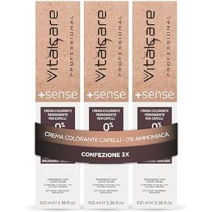 Vitalcare | +Sense - Colorazione Permanente Professionale, Crema Colorante Capelli Senza Ammoniaca, Resorcina, PPD, Siliconi - Con Olio Di Argan, Macadamia e Avocado, 3/00 Castano Scuro, 3 x 100ml
