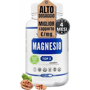 Venice Nature MAGNESIO COMPLETO 400mg Elementare - Alto dosaggio, Miglior rapporto €/mg. - 3 in 1 | Vegano, 120 Capsule, Integratore Magnesio Complex, Magnesium Ossido, Bisglicinato e Citrato - Venice Nature