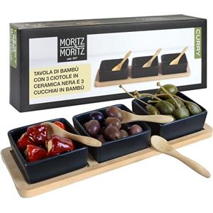 Moritz & Moritz 7 pz. Serving Set Bay Leaf - ciotole in ceramica vassoio in ardesia e cucchiaio di bambù - per salse snack antipasti dessert