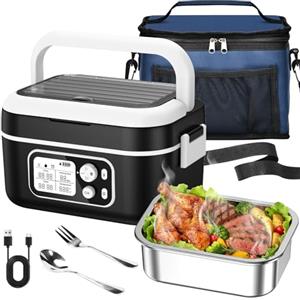RWSRW Scaldavivande Elettrico Portatile 100W, Lunch Box Elettrico 1.5l Acciaio Inox Rimovibile Porta Pranzo Riscaldabile con Divisorio Removibile, Forchetta, Cucchiaio e Borsa Termica