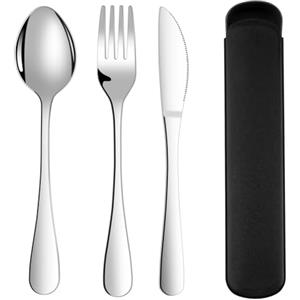 ABOHU Set Posate da 3 Pezzi con Coltello Forchetta Cucchiaio, Posate in Acciaio Inox per la Cucina, Set di Posate da Viaggio Portatile con Borsa Portaoggetti, Finitura Lucida Lavabili in