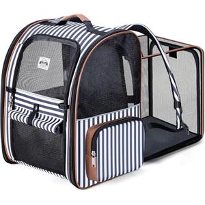 Lekespring Zaino per Cani Gatti Trasportino Espandibile,Grandi Pieghevole Cuccia Portatile con Imbracatura di Sicurezza e Tappetino per Animali Inclusi,Carico Massimo 10 KG,Strisce Blu XL