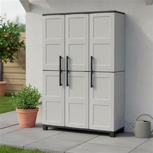 Dmora - Armadio da esterno Nandrin, Mobile porta scope, Armadietto da esterno 3 ante, 100% Made in Italy, 102x37h169 cm, Grigio chiaro e Nero, Finitura quadri