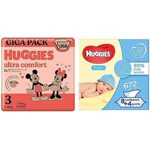 HuggiesHuggies Ultra Comfort Gigapack, Taglia 3 (4-9 Kg), Confezione da 168 pannolini & Pure Salviette Umidificate per Bambini, 672 SalvietteHuggies
