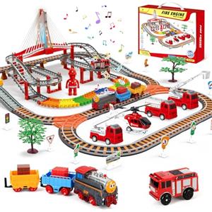 JONRRYIN Trenino Elettrico per Bambini, 161Pezzi Giocattolo Pista Macchinine, Pista Treno e Auto Elettrico a Tema Pompieri con 4 Camion dei Pompieri, Giocattolo di Costruzione per Bambini 4 5 6 Anni
