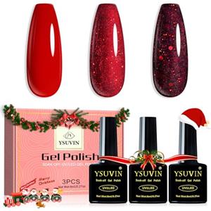 YSUVIN Semi Permanente Smalto per Unghie, 3 Colori Intervallo Rosso Glitter Smalto Gel Soak Off UV/LED Set per Unghie Per La Casa Fai Da Te Nail Salon, Regalo di San Valentino di Natale