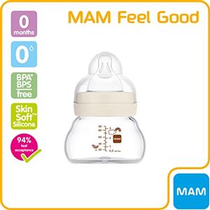 MAM Bottle Feel Good, biberon in vetro extra piccolo con tettarelle MAM a flusso extra lento misura 0, biberon in vetro resistente al calore per neonati, unisex, 1 x 90 ml