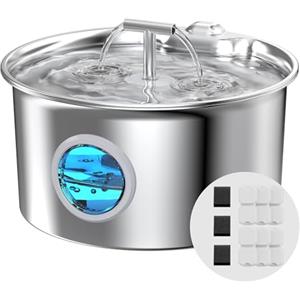 UMOCUOY Fontanella Per Gatti Acciaio Inox: 2.6L Fontana per Gatto - Automatico Fontanella Gatto - Super Silenzioso Dispenser Acqua Gatti - 6 filtri a carbone e 3 filtri a schiuma