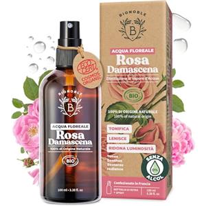 BIONOBLE Acqua di Rose Spray Bio - Tonifica, Calma, Illumina - Idrolato di Rosa 100% Naturale, Senza Alcol - Tonico Acqua alle Rose Viso, Capelli, Contorno Occhi - Bottiglia di Vetro con Spray - 100ml
