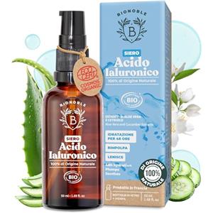 BIONOBLE Siero Viso Acido Ialuronico Puro Bio, Naturale - Siero Antirughe, Idratante, Rimpolpante - Bottiglia di Vetro, Pompa - Acido Ialuronico Viso Puro - Vegan Hyaluronic Acid Serum - 50ml