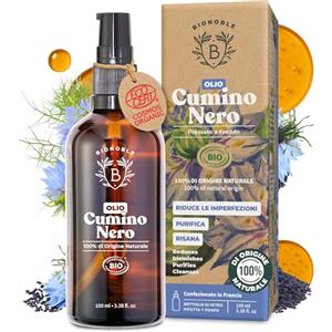 BIONOBLE Olio di Cumino Nero Biologico - 100% Puro, Naturale, Spremuto a Freddo - Olio di Semi di Cumino Nero Anti-Acne e Purificante - Black Seed Oil Viso - Bottiglia di Vetro, Pipetta, Pompa - 100ml