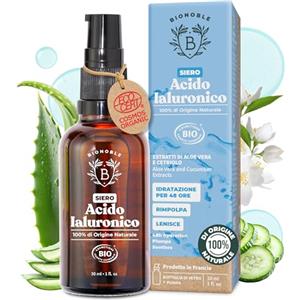 BIONOBLE Siero Viso Acido Ialuronico Puro Bio, Naturale - Siero Antirughe, Idratante, Rimpolpante - Bottiglia di Vetro, Pompa - Acido Ialuronico Viso Puro - Vegan Hyaluronic Acid Serum - 30ml