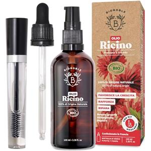 BIONOBLE Olio di Ricino Puro e Biologico + Kit Mascara - Pressato a Freddo - Olio di Ricino per Capelli Crescita, Ciglia e Sopracciglia - Castor Oil Organic - Bottiglia di Vetro, Pipetta Pompa - 100ml