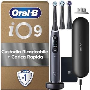 Oral-B Spazzolino Elettrico Ricaricabile iO 9 Nero, 3 Testine Oral B Di Ricambio, Spazzolino Elettrico, Custodia Da Viaggio con caricatore, Pulizia Denti Efficace