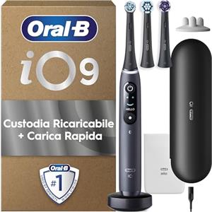 Oral-B Spazzolino Elettrico Ricaricabile iO 9 Nero, 1 Spazzolino Elettrico Oral B, 3 Testine Di Ricambio, Custodia Da Viaggio con caricatore, Pulizia Denti Efficace