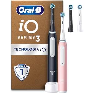 Oral-B Spazzolino Elettrico Ricaricabile iO 3 Rosa e Nero, 2 Testine di Ricambio, 1 Custodia da Viaggio, Confezione Doppia, 2 Spazzolini