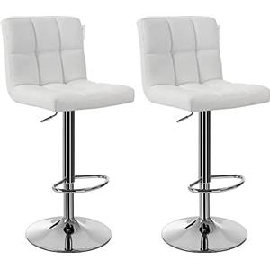 SONGMICS Set di 2 Sgabelli da Bar o Cucina in Similpelle, Regolabile e Girevole a 360°, con Schienale e Poggiapiedi, Struttura in Acciaio Cromato, Bianco LJB64W