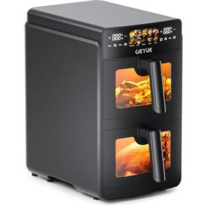 OKYUK Friggitrice ad Aria 10 Litri Double Stack XL, Friggitrice Aria 2 Scomparti, 10 Funzioni di cottura, Air Fryer calda a doppio strato con finestra,Design salva-spazio Nero