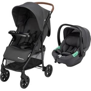 Bebeconfort Misty Duo Passeggino Compatto 2 in 1, 0-4 anni(0-22 kg), Cestello capacità di 8 kg, Vassoio per la sicurezza e il gioco, Pieghevole e Reclinabile, Seggiolino Auto i-Size, Mineral Graphite