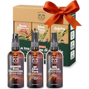 Bionoble Skincare Kit 3x100ml - Acqua di Rose, Gel Aloe Vera Puro & Olio di Jojoba Bio - Cura del Viso, del Corpo e dei Capelli - Regalo Donna Compleanno