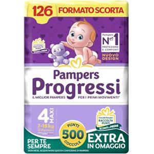 Pampers Progressi Maxi +500 Punti Coccole extra in omaggio, Taglia 4 (7-18 kg), 126 Pannolini (formato scorta)