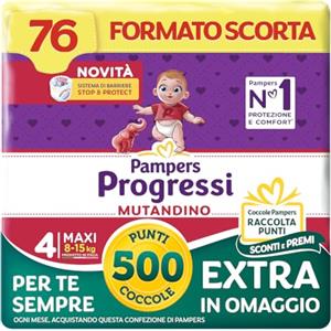 Pampers Progressi Mutandino Maxi +500 Punti Coccole extra in omaggio, Taglia 4 (8-15 kg), 76 Pannolini (formato scorta)