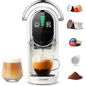 CAPXSNOB Magician1 Mini Macchina da Caffè Cialde 5in1 per Nespresso Originali, Dolce Gusto, Lavazza A Modo Mio, ESE 44 Cialde e Caffè Macinato, 20 Bar, 1450W, Display LED, Acqua Regolabili 7 Livelli (Bianco)