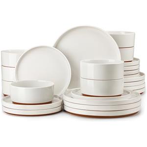MALACASA Servizio di Piatti 8 Persone, 24 Pezzi Set di Piatti Moderni in Gres con 8 Piatti Piani, 8 Ciotole per Cereali, 8 Piatti da Dessert, Bianco - Serie LEAH