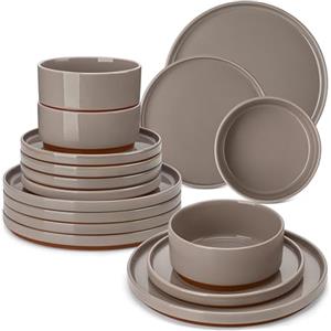 MALACASA 18 Pezzi Servizio Piatti Moderni, Set di Piatti da 6 Persone in Gres con 6 Piatti Piani, 6 Ciotole per Cereali, 6 Piatti da Dessert, Marrone - Serie LEAH
