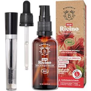 BIONOBLE Olio di Ricino Puro e Biologico + Kit Mascara - Pressato a Freddo - Olio di Ricino per Capelli Crescita, Ciglia e Sopracciglia - Castor Oil Organic - Bottiglia di Vetro, Pipetta, Pompa - 50ml
