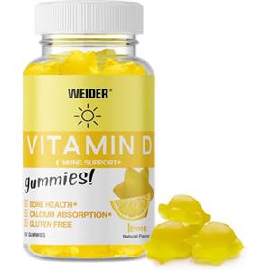 Weider Vitamin D Gummies (50 Caramelle Gommose) Sapore Limone, con Vitamina D3 Colecalciferolo, aiuta a rafforzare il sistema immunitario, Senza Zucchero, Senza Glutine