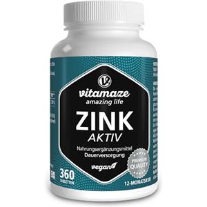Vitamaze - amazing life Zinco Integratore 25 mg per Compresse (Scorta 1 Anno) di Zinco Bisglicinato Elementare Puro, 360 Compresse, Altamente Biodisponibile per Pelle, Capelli, Senza Additivi, Qualità Tedesca, Vitamaze®