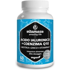 Vitamaze - amazing life Acido Ialuronico ad Alto Dosaggio Puro + Coenzima Q10, Capsule Vegan per un Trattamento di 2 Mesi, Micromolecule 500-700 kDa, Qualità Tedesca, Integratore Alimentare senza Additivi