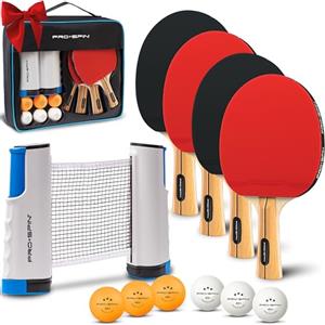 PRO-SPIN Set da Tavolo Portatile - Kit Premium con Rete Estensibile per Qualsiasi Tavolo, Racchette, Palline e Custodia per Ping Pong (Set da 4 Giocatori, Rosso)