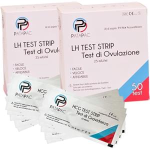 PataPac 100 Test di Ovulazione e 10 Test Gravidanza precoci Canadesi kit con calendario per fertilità e 100 bicchierini monouso x urine stick beta hcg e lh PataPac