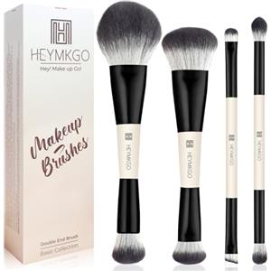 HEYMKGO Set 4 Pennelli Fondotinta Professionali Doppia Punta - Pennelli per Contorno/Correttivo/Cipria con, Ideale per Trucco Liquido/Crema e Viaggio, Nero