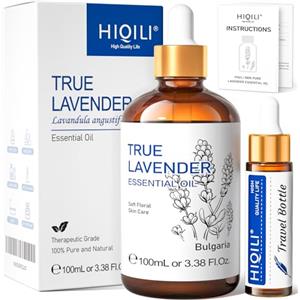 HIQILI 100ml Olio Essenziale Lavanda - 100% Puri Non Diluiti, Grado Terapeutico per Diffusore Aromaterapico in Camera, Allevia lo Stress, Migliora la Qualità del Sonno | con Contagocce in Vetro