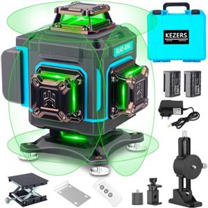 KEZERS Laser a Linee Incrociate Verde 4x360°, Laser Autolivellante a 16 Linee, Laser a Linee Incrociate con Schermo, Telecomando, Supporto a Parete, Base di Sollevamento per Uso Interno ed Esterno