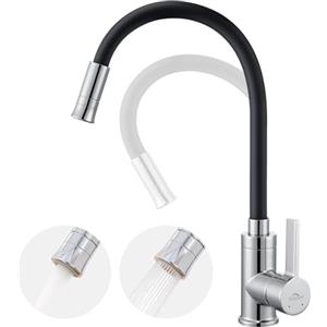 Auralum Rubinetto Cucina Nero Con Beccuccio Flessibile, Rubinetto Lavello Cucina Con 2 Spruzzi, Miscelatore Cucina Orientabile a 360°, Monocomando Alta Pressione