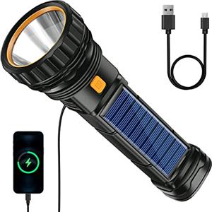 Qoolife Torcia ricaricabile a LED solare, alimentata a batteria, impermeabile, con power bank di emergenza da 1200 mAh, torcia solare USB con 3 modalità di luce, luce a LED per campeggio all'aperto