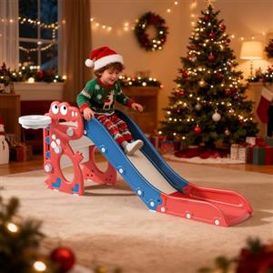 Krovtoy Scivolo per bambini, scivolo singolo con dinosauro con telaio a sfera, anello, attrezzatura per parco giochi con scivolo per bambini da 1 a 3 anni (dinosauro-rosso e blu)