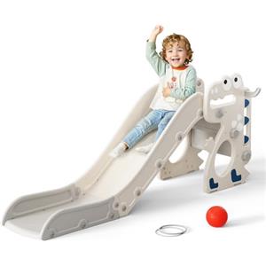 Krovtoy Scivolo per bambini, scivolo singolo con dinosauro con telaio a sfera, anello, attrezzatura per parco giochi con scivolo per bambini da 1 a 3 anni (Dinosaur-Beige grigio)
