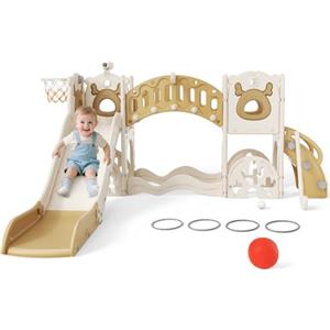 Krovtoy Slide per bambini ispessiti e allargati, scivolo per bambini piccoli indipendente con canestro da basket, attrezzatura per parco giochi con scivolo, scivoli all'aperto (kaki 9 in 1)