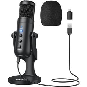 YGiTK Microfono USB Professionale con Riduzione Rumore Intelligente & Base in Lega Antiscivolo - Compatibile PC/Smartphone per Streaming, Registrazione, Canto (Cuffia 3.5mm Inclusa)