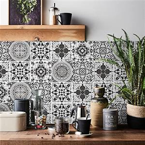 HORIWE Mosaico Muro Piastrelle Adesivi 24 Pezzi PVC Piastrelle Adesivi Marocco Autoadesivo Carta da parati Impermeabile Adesivi murali per la cucina, guardaroba, da tavolo (20x20cm(8x8),Nero+bianco)